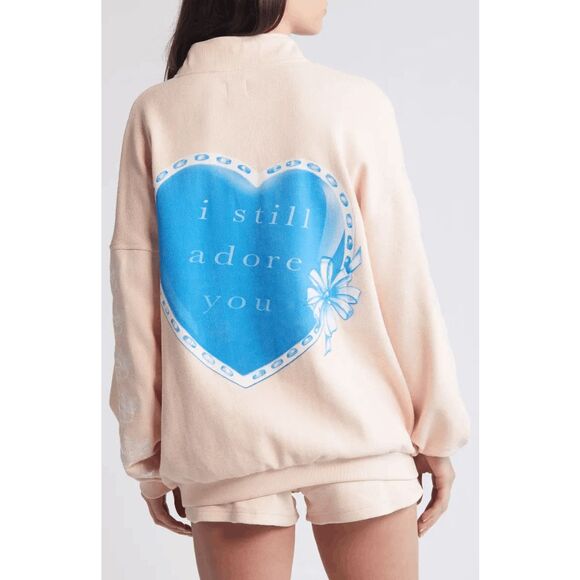 Boys Lie Tops - Boys Lie Beige Blue Graphic Adore You Henley Sweatshirt Women's Size S/M